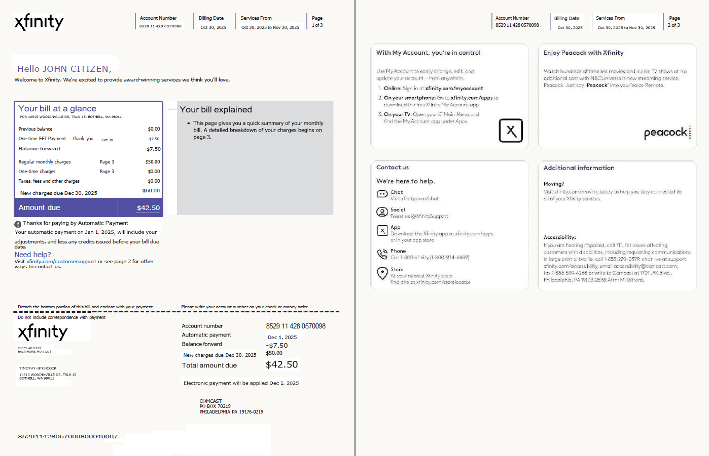 USA Xfinity utility bill template in Word and PDF formats, 3 pages, version 4, 1 2 pages